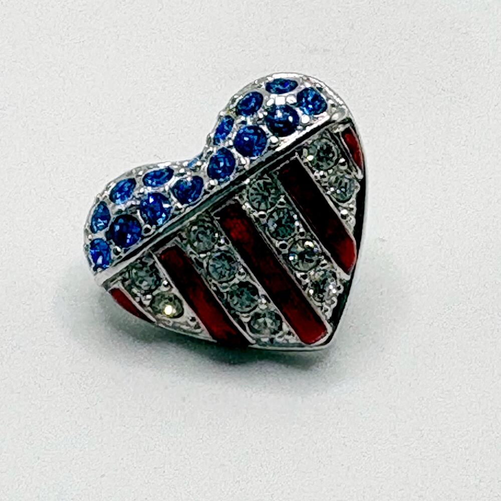 Swarovski Crystal American Flag Red Blue Rhinestone Heart Shaped Patriotic Pin